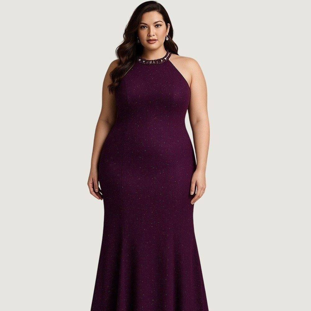 Nightway Womens Purple Beaded Halter Neck Glitter Mermaid Evening Gown Dress‎ 10